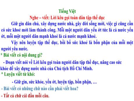 Bài giảng Tiếng Việt 3 (Nghe - Viết) Kết nối tri thức - Bài 9: Lời kêu gọi toàn dân tập thể dục - Năm học 2024-2025 - Trường Tiểu học Trường Thọ